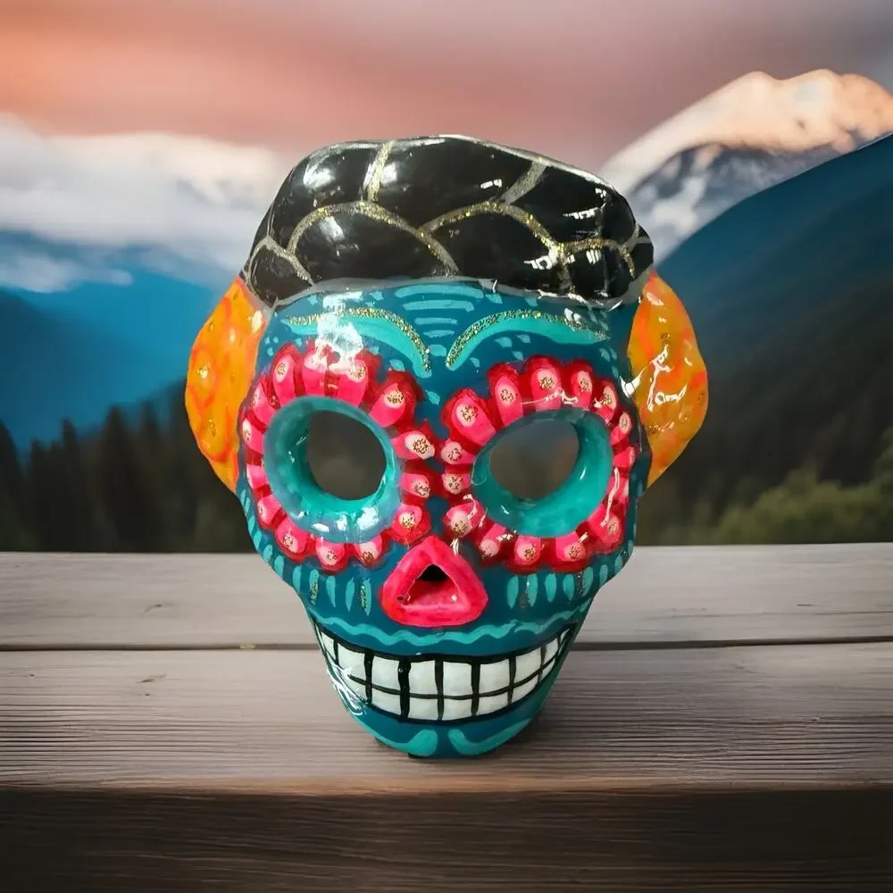 Day Of The Dead Sugar Skull With Floral Skull 3” Clay Pottery